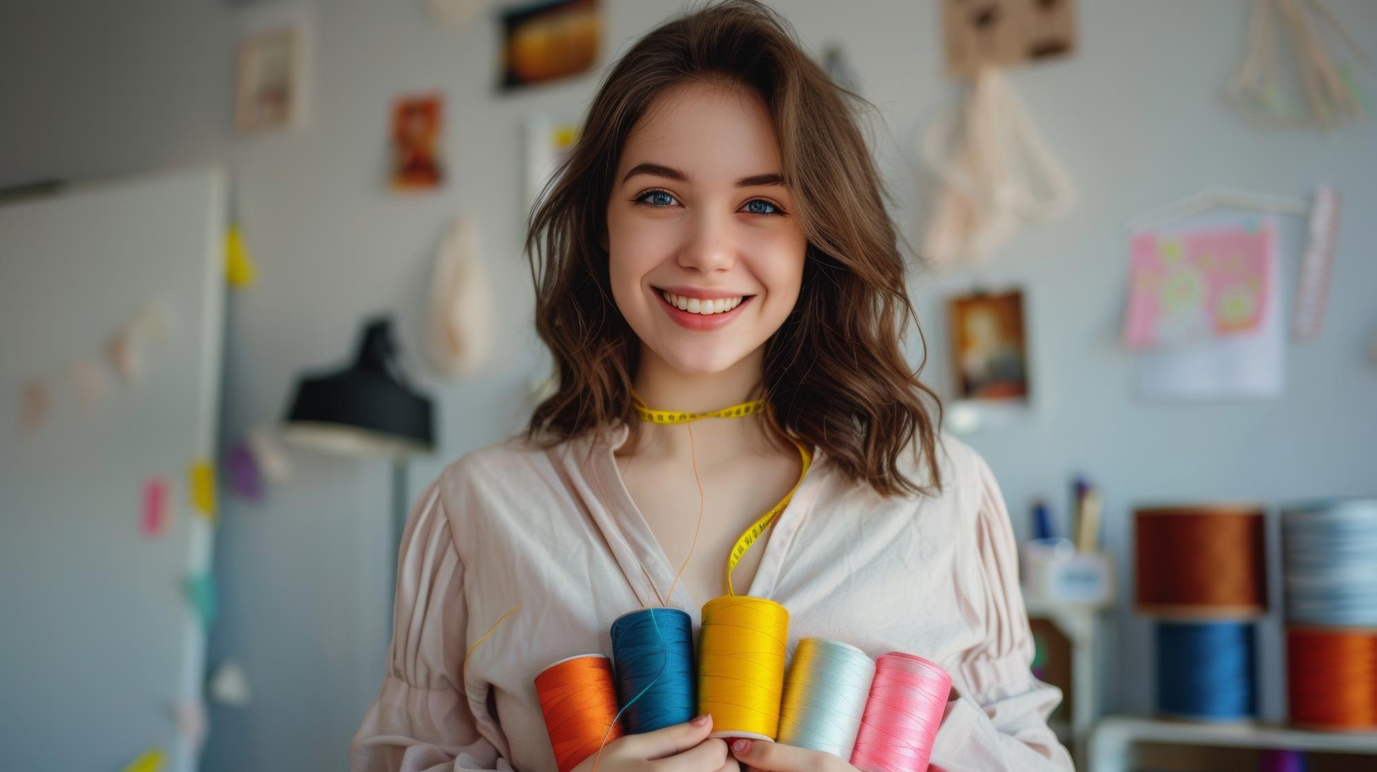 Founder holding an embroidered sampler in studio