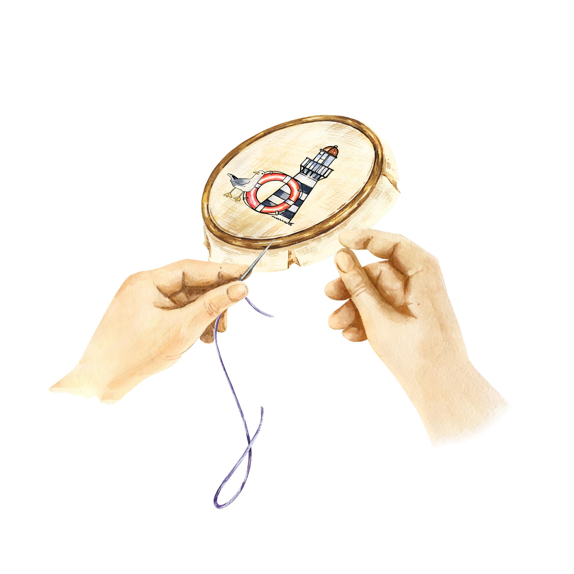 Hands stitching a hoop project